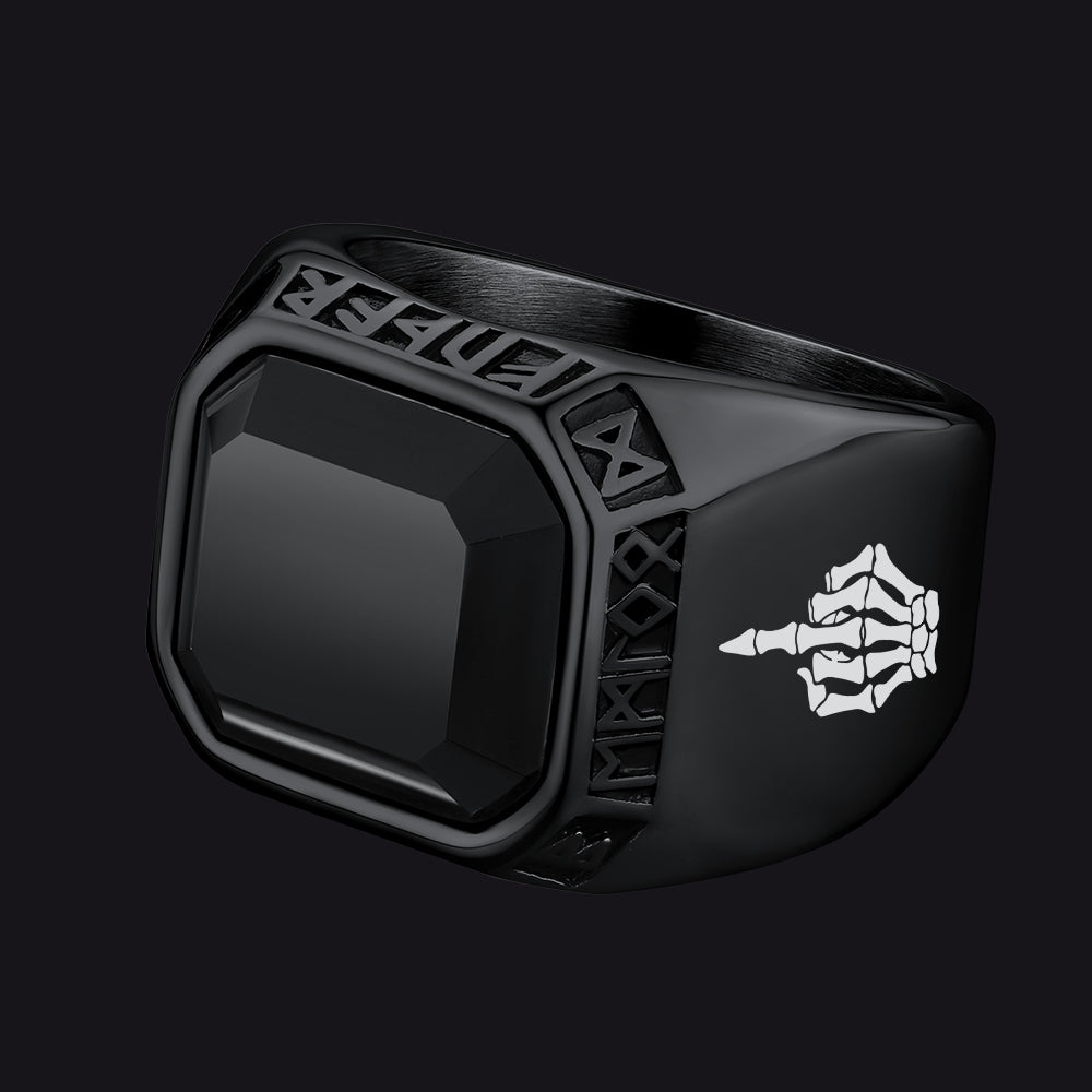 F*ck it Black Onyx Ring with Viking Runes for Men