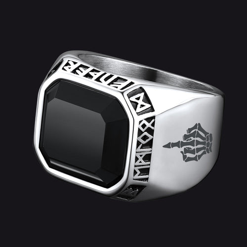 F*ck it Black Onyx Ring with Viking Runes for Men