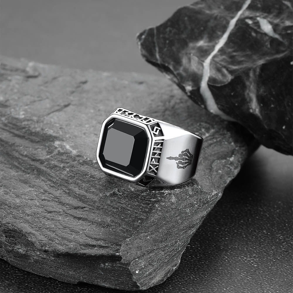 F*ck it Black Onyx Ring with Viking Runes for Men