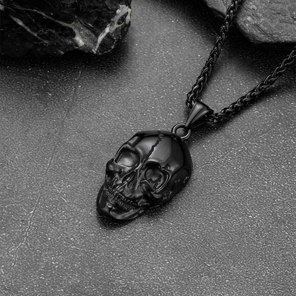 Gothic Skull Necklace with Fissured Skeleton Head for Men