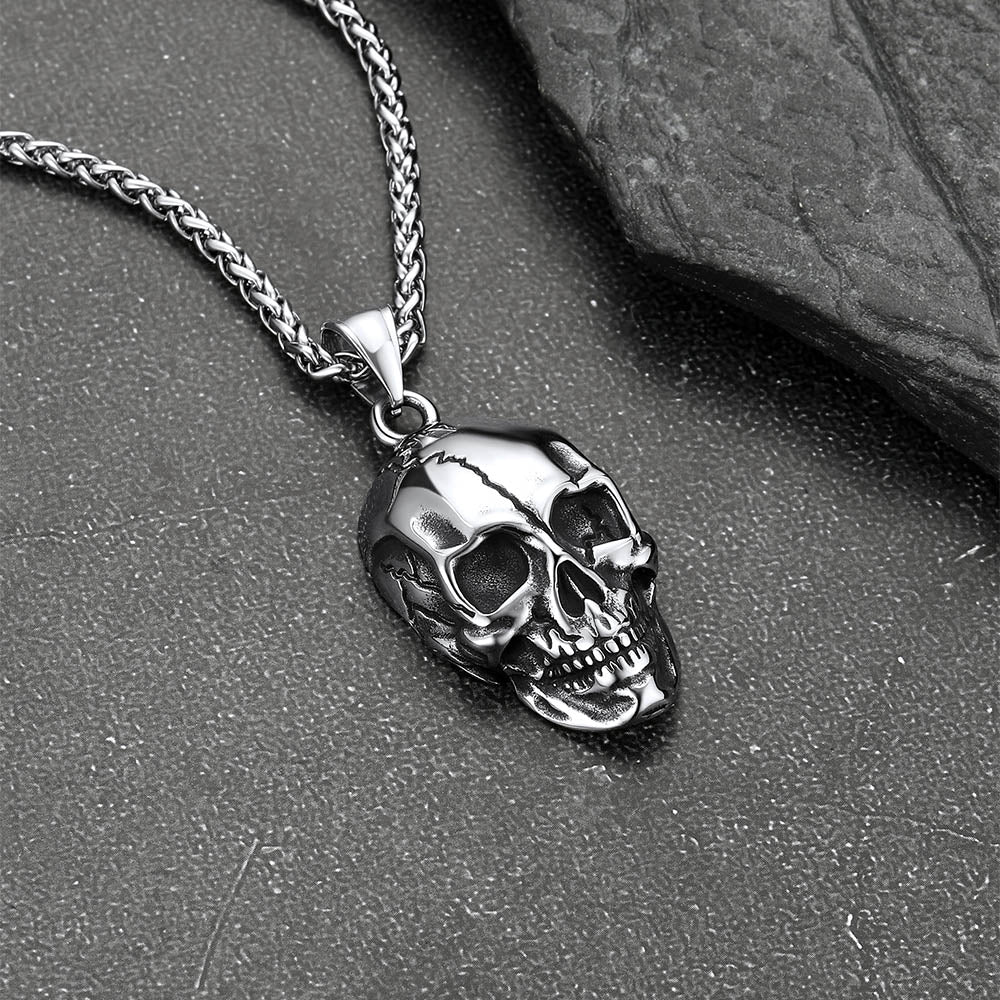 Gothic Skull Necklace with Fissured Skeleton Head for Men