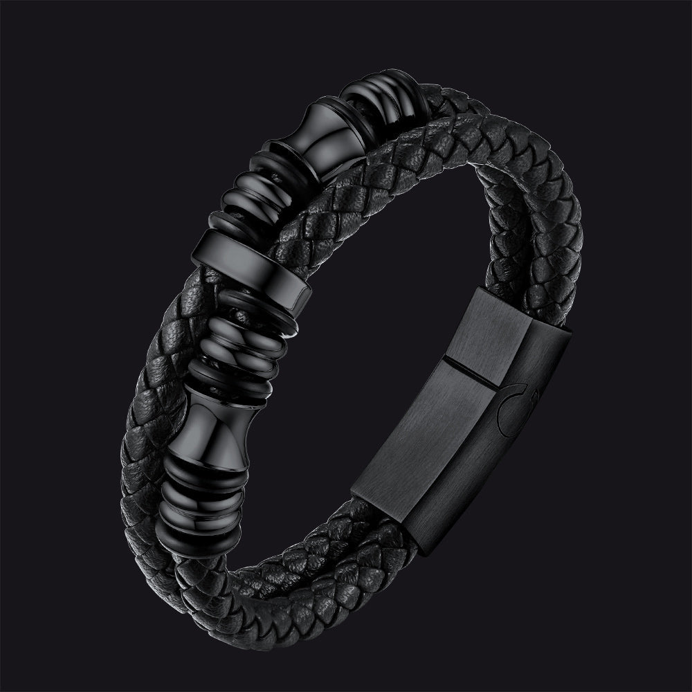 Viking Black Engraved Leather Braided Wristband Bracelet for Men