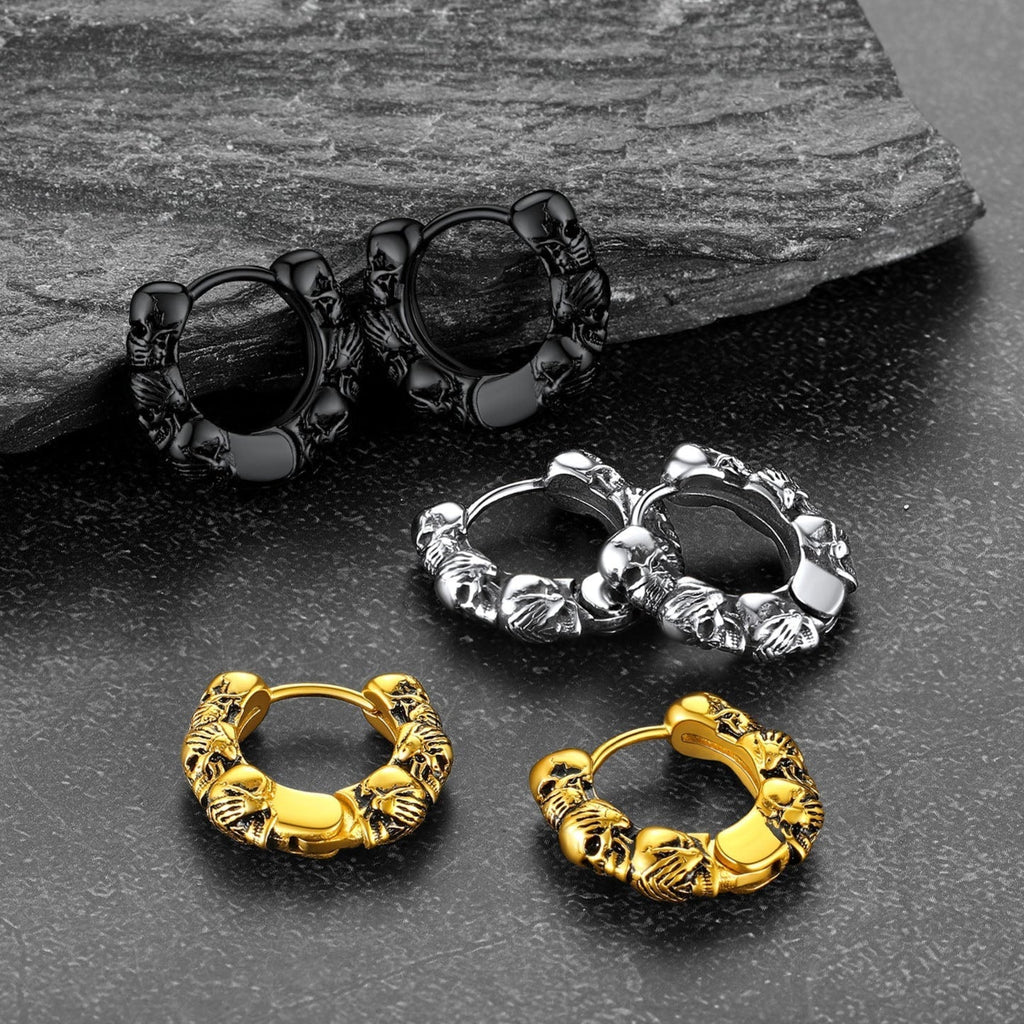 Sterling Silver Skulls Hoop Huugie Earrings For Men