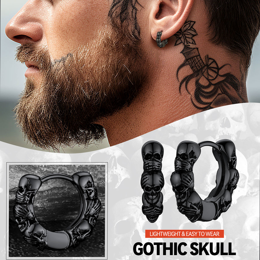 Sterling Silver Skulls Hoop Huugie Earrings For Men