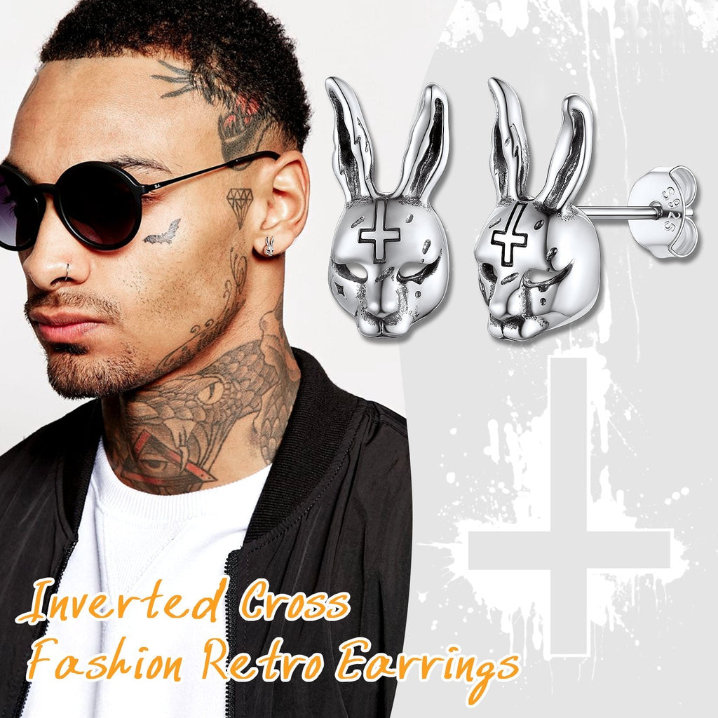 Halloween Silver Evil Bunny Stud Earrings For Men