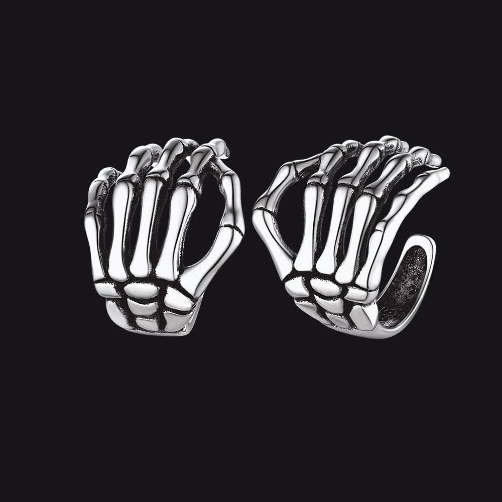 Sterling Silver Skull Skeleton Hand Ear Cuff Nom-piercing Earrings