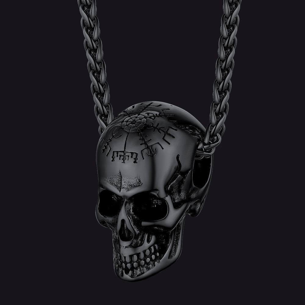 Nordic Viking Compass Skull Pendant Necklace for Men