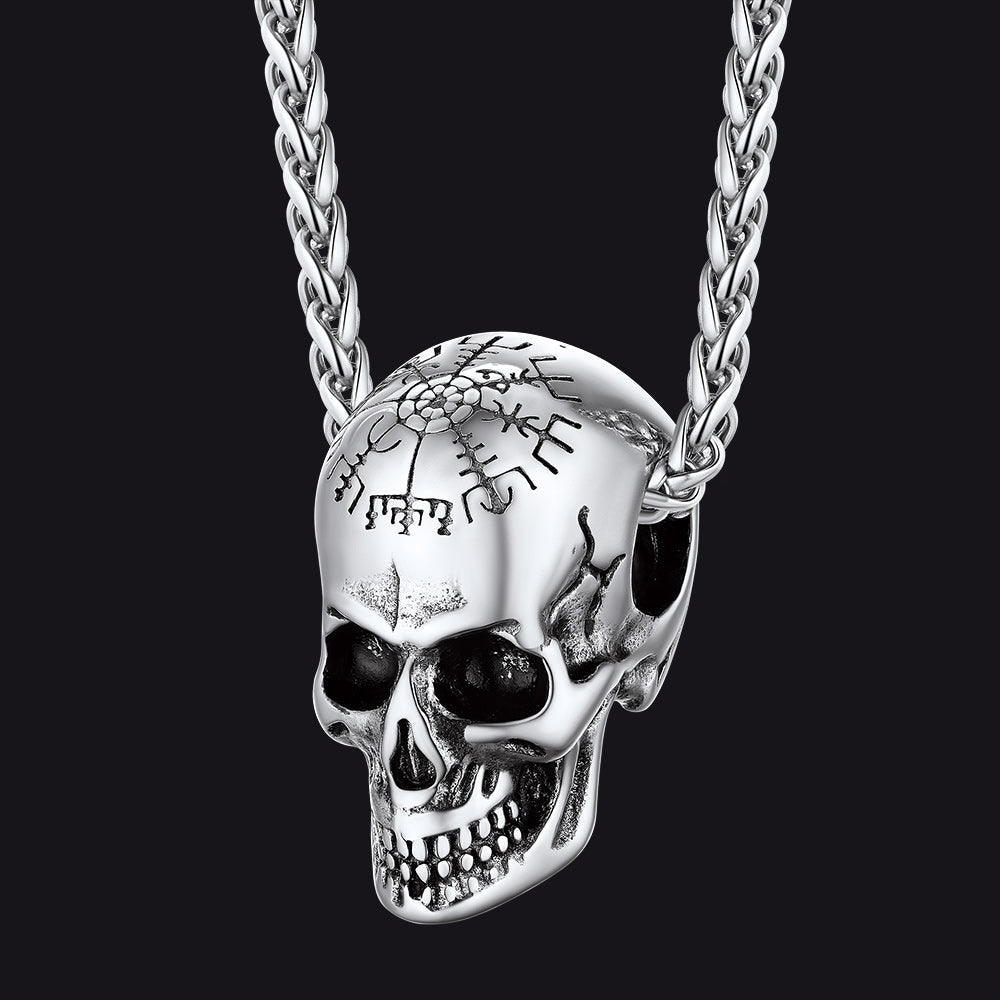 Nordic Viking Compass Skull Pendant Necklace for Men