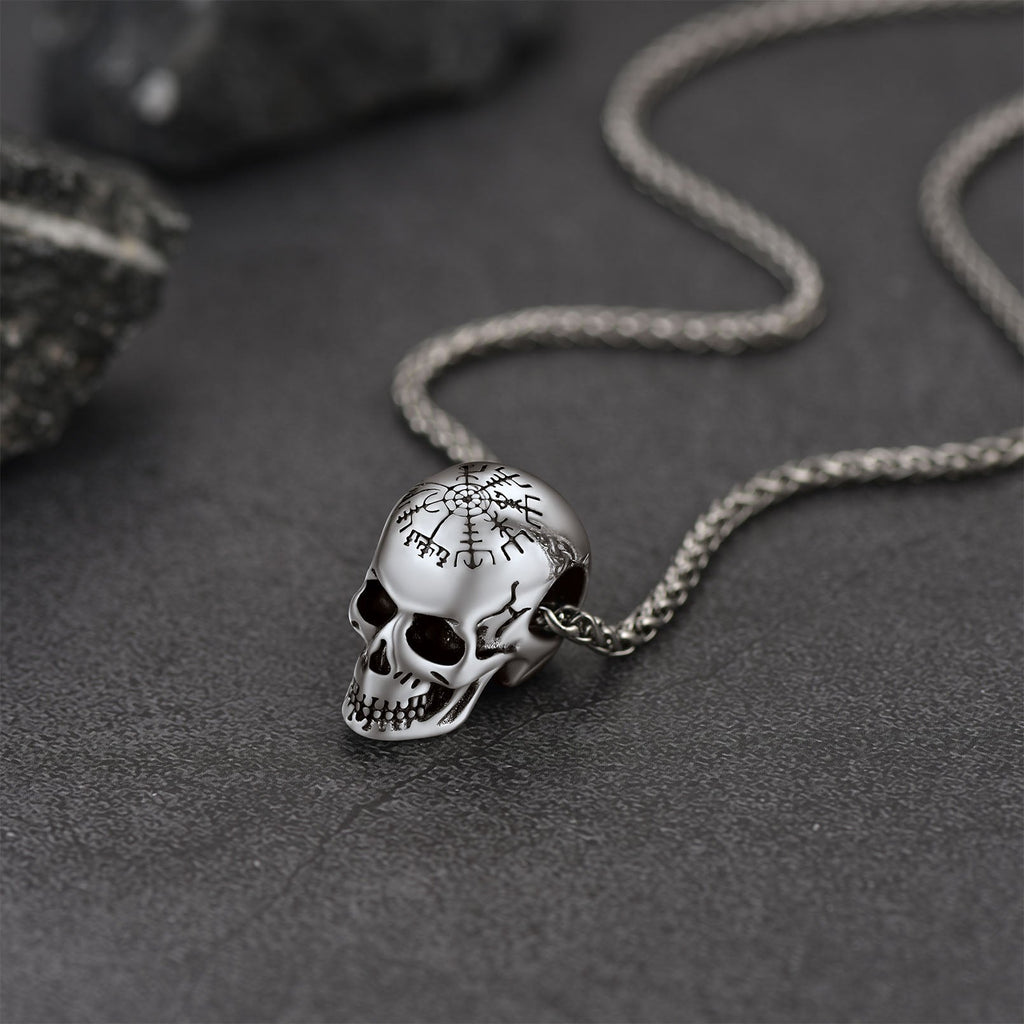 Nordic Viking Compass Skull Pendant Necklace for Men