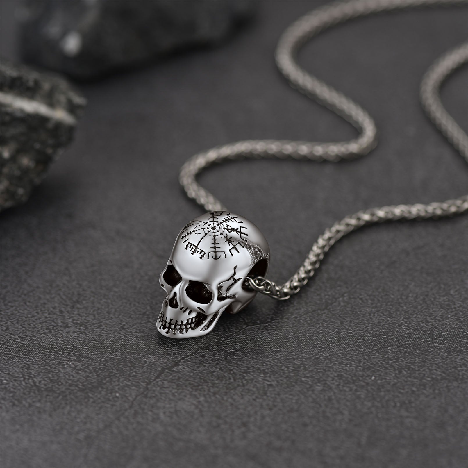 Nordic Viking Compass Skull Pendant Necklace for Men