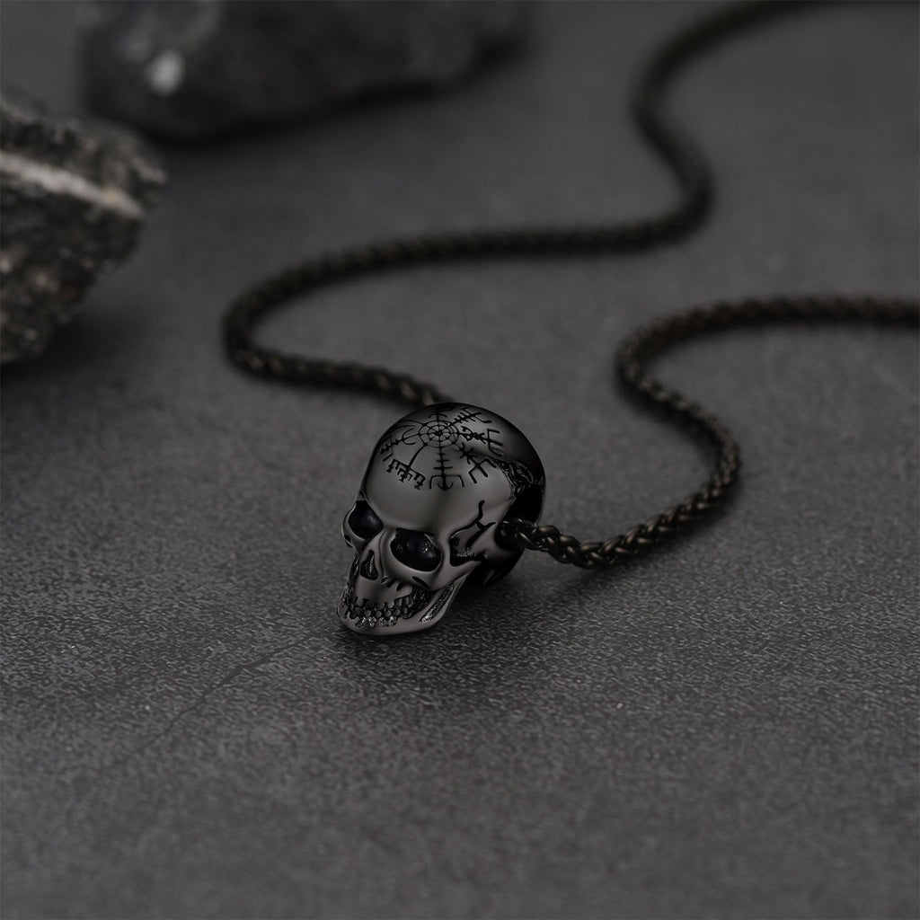 Nordic Viking Compass Skull Pendant Necklace for Men