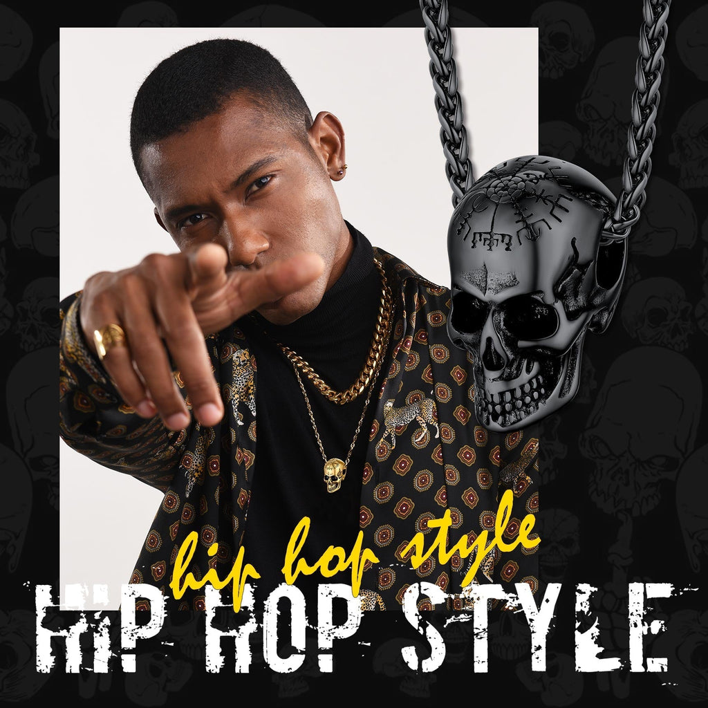 Nordic Viking Compass Skull Pendant Necklace for Men