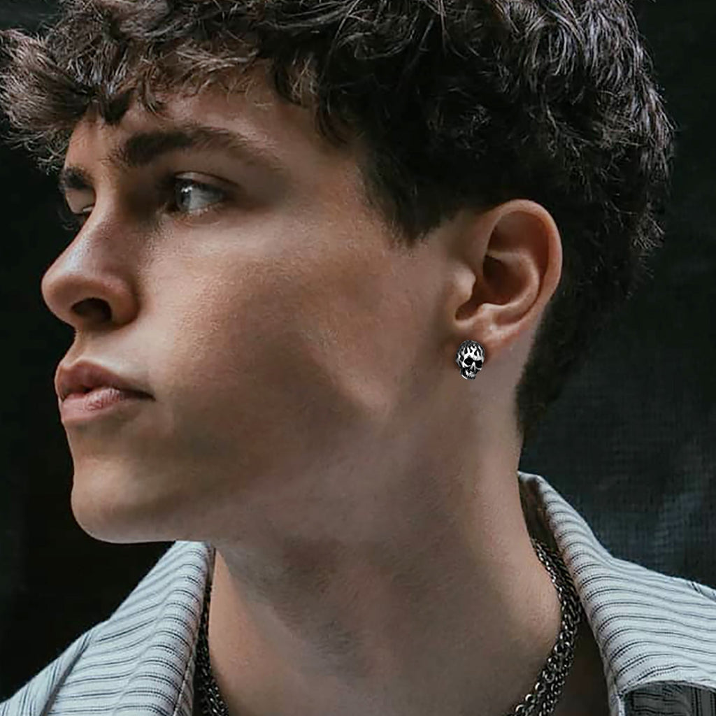 Gothic Flaming Skull Stud Earrings For Men