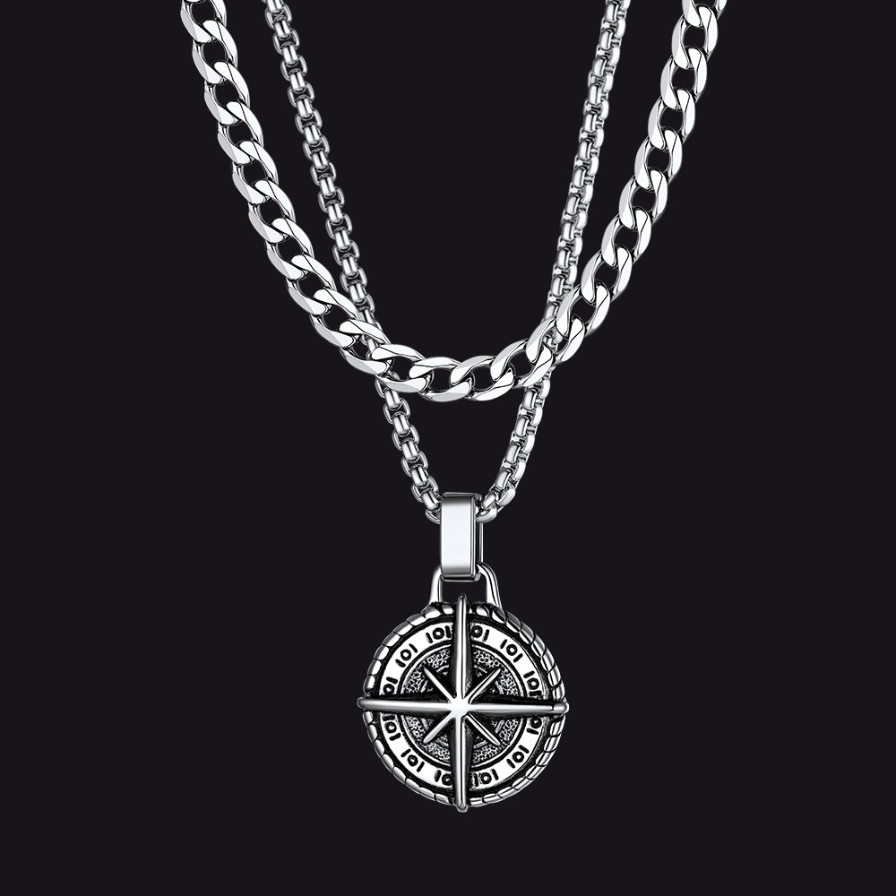 Cuban Curb Chain & Polaris Compass Pendant Layered Necklaces Set for Men