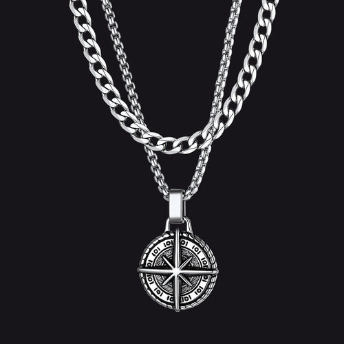 Cuban Curb Chain & Polaris Compass Pendant Layered Necklaces Set for Men