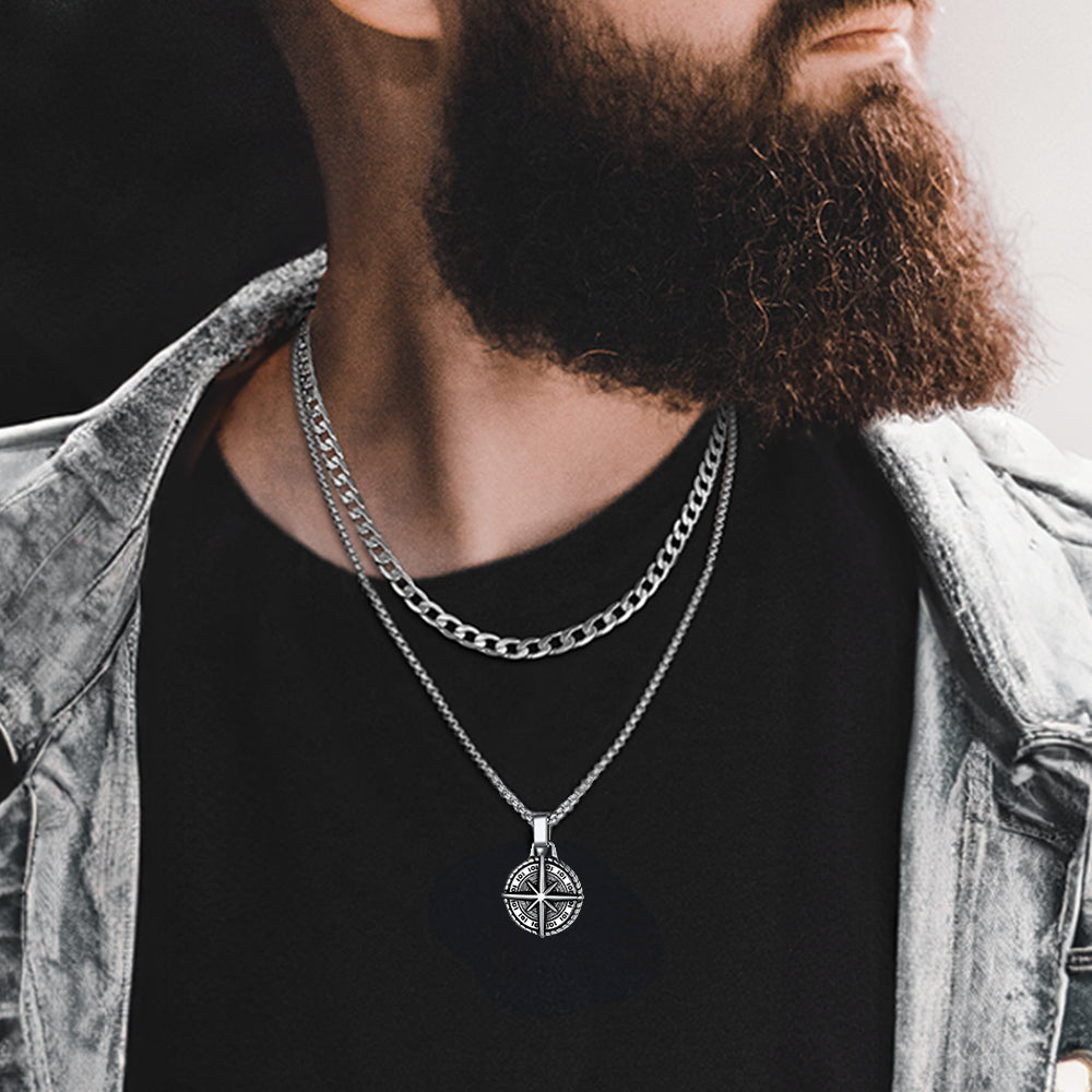 Cuban Curb Chain & Polaris Compass Pendant Layered Necklaces Set for Men