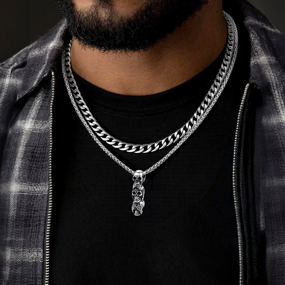 Cuban Curb Chain & Skull Layered Necklaces Set for Men