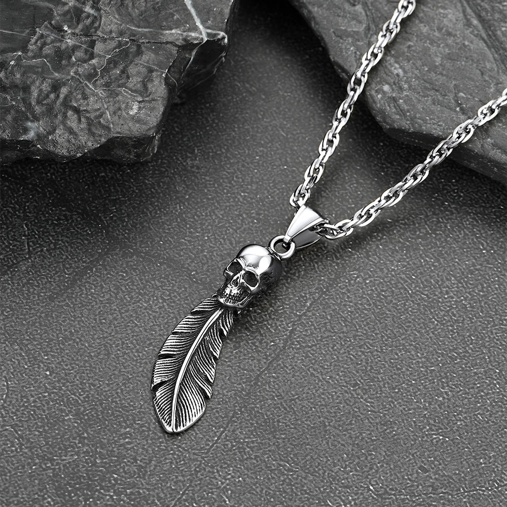 Gothic Stainless Steel Skull Feather Necklace