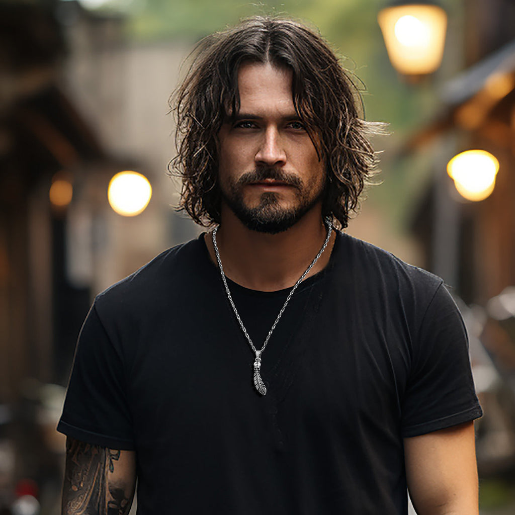 Gothic Stainless Steel Skull Feather Necklace