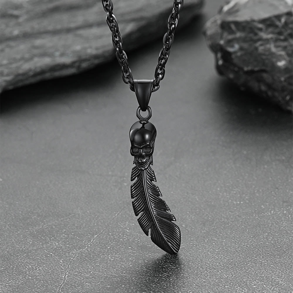 Gothic Stainless Steel Skull Feather Necklace