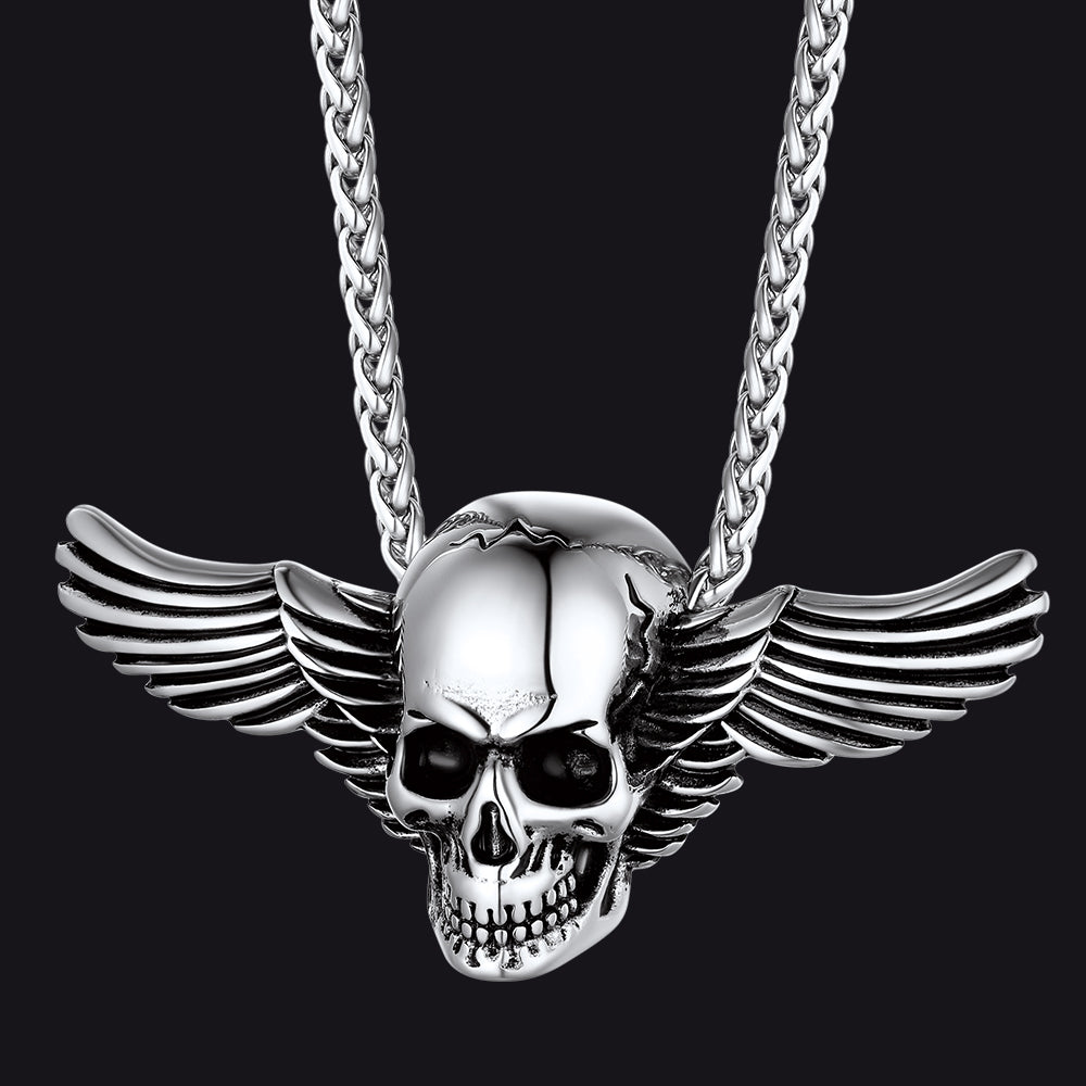 Gothic Skull Necklace With Wing For Men