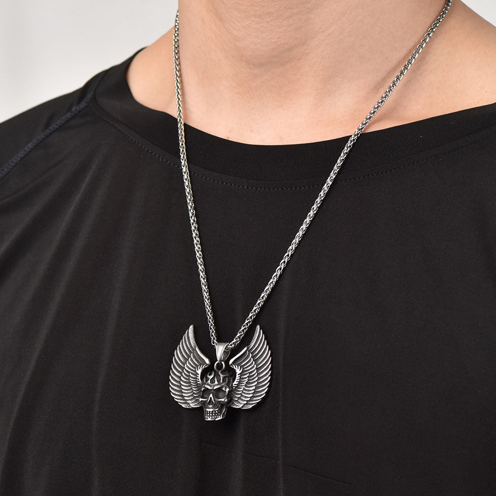 Gothic Flame Winged Skull Pendant Necklace for Men