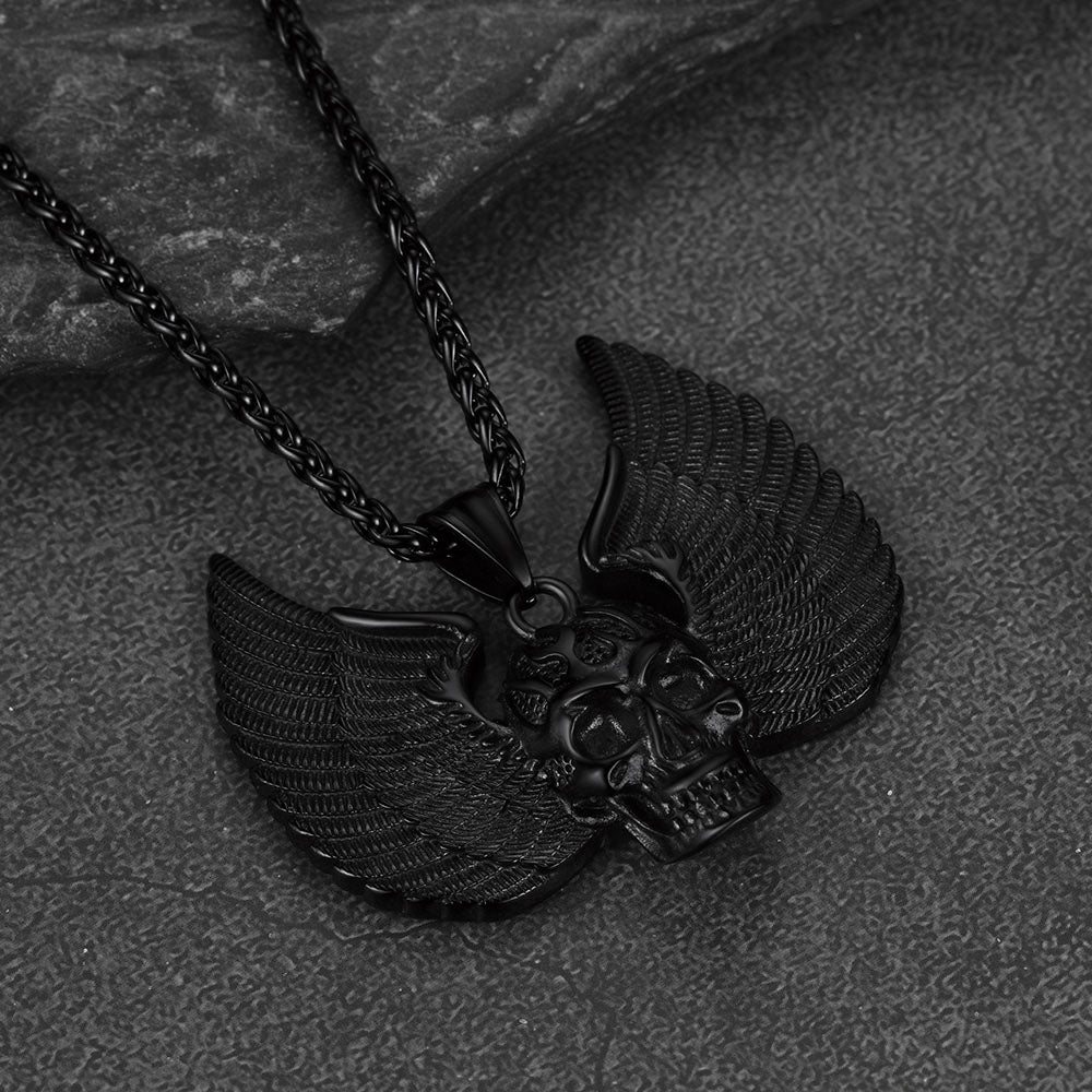 Gothic Flame Winged Skull Pendant Necklace for Men