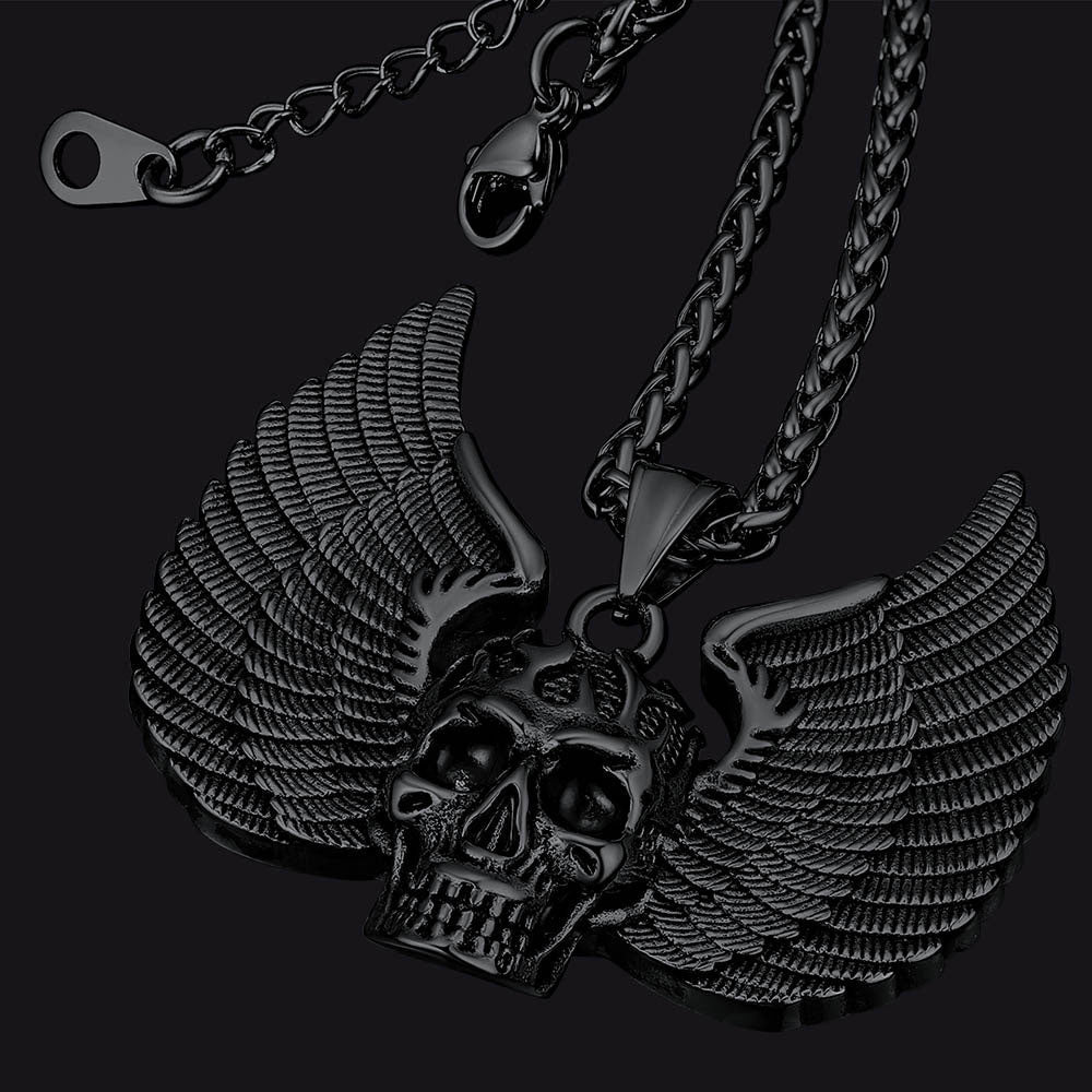 Gothic Flame Winged Skull Pendant Necklace for Men