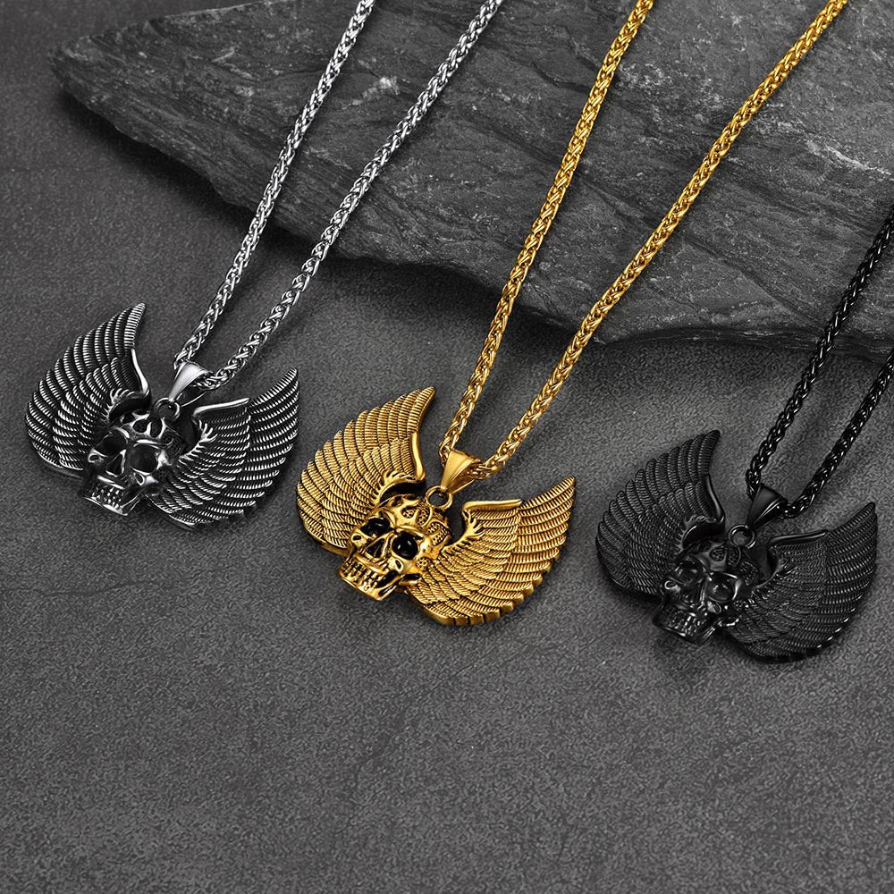 Gothic Flame Winged Skull Pendant Necklace for Men