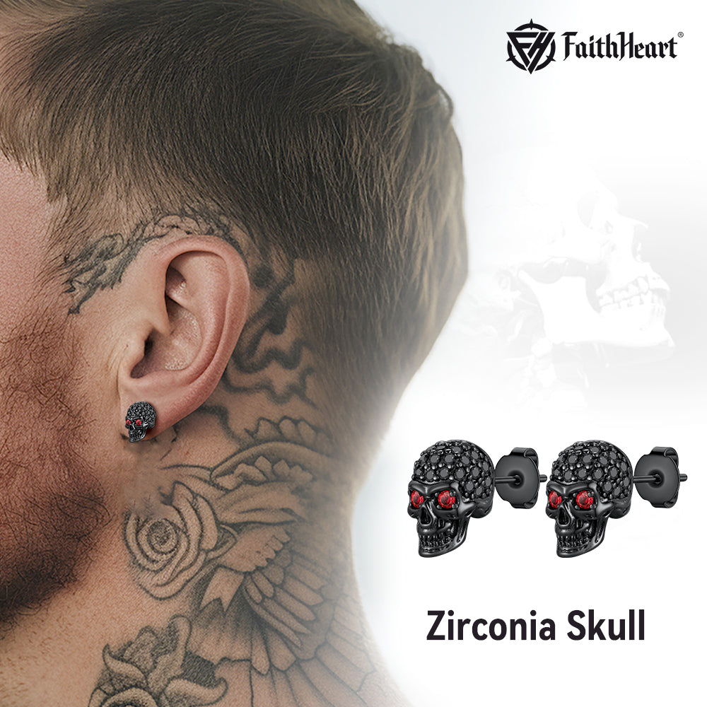 Gothic CZ Red Eye Stud Skull Earrings For Men