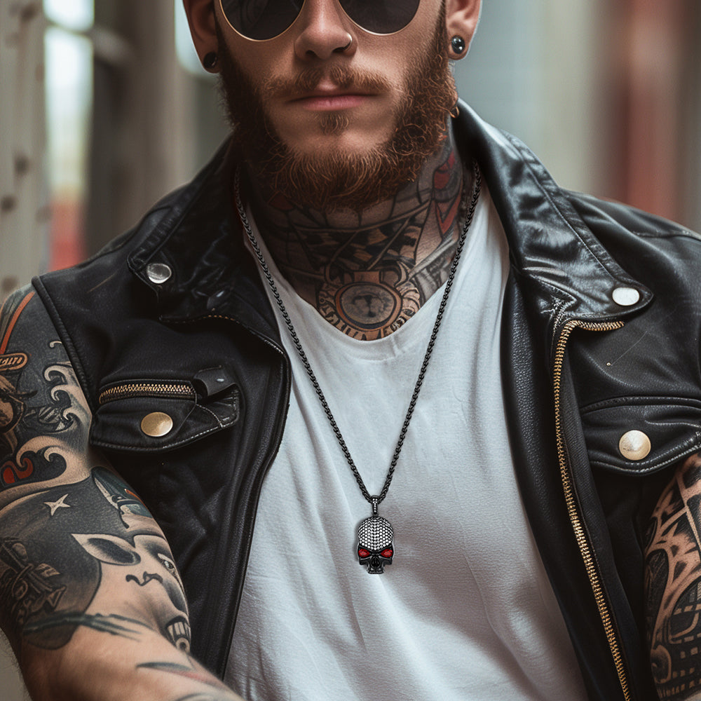Halloween Gothic Skull Diamond Necklace With Red Eye For Men