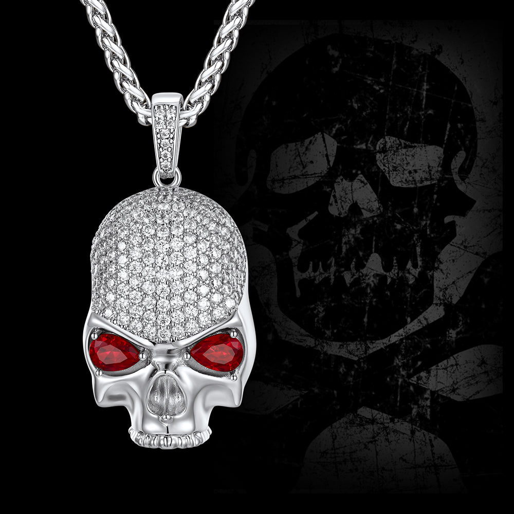 Halloween Gothic Skull Diamond Necklace With Red Eye For Men