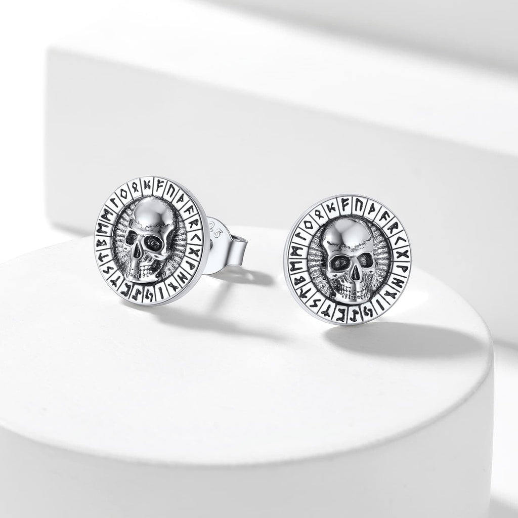 Sterling Silver Runes Skull Earrings Studs For Men
