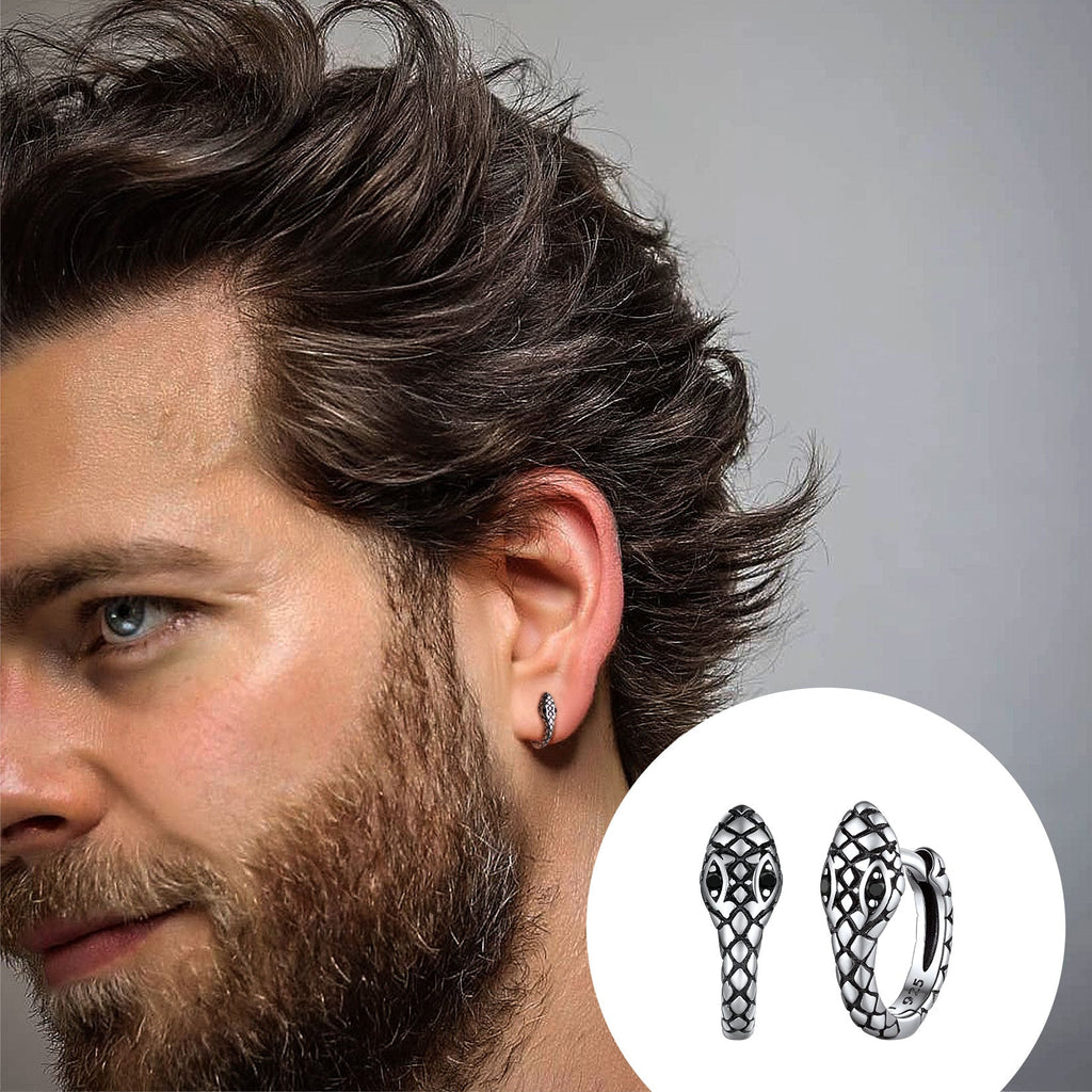 Punk Snake Huggie Hoop Earrings in Sterling Silver for Men