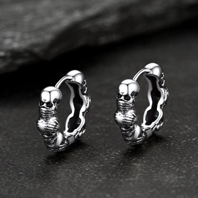 Sterling Silver Skulls Hoop Huugie Earrings For Men