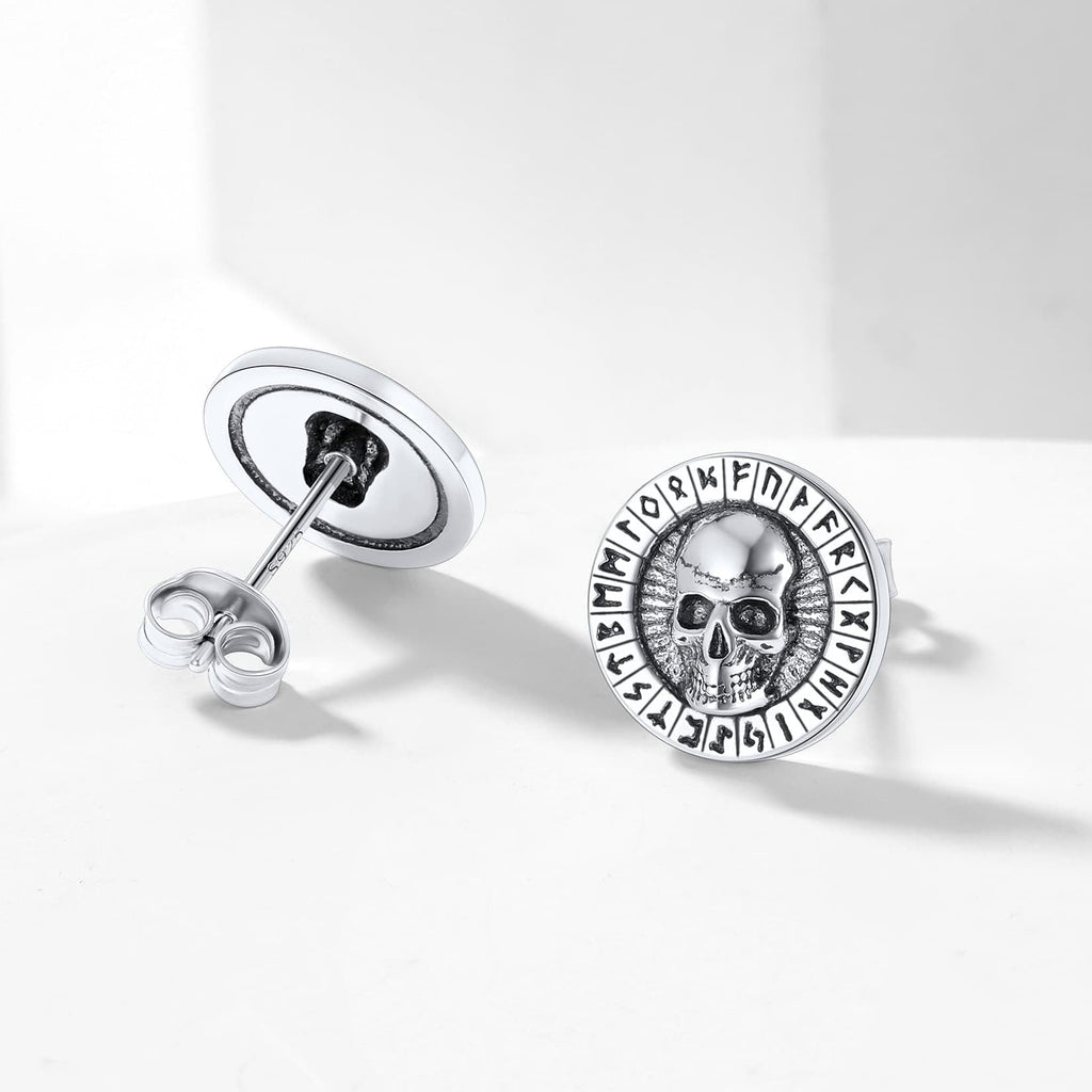Sterling Silver Runes Skull Earrings Studs For Men