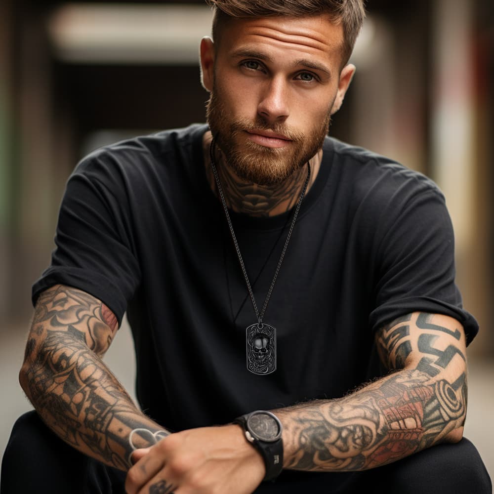 Gothic Skull Dog Tag Pendant Necklace For Men