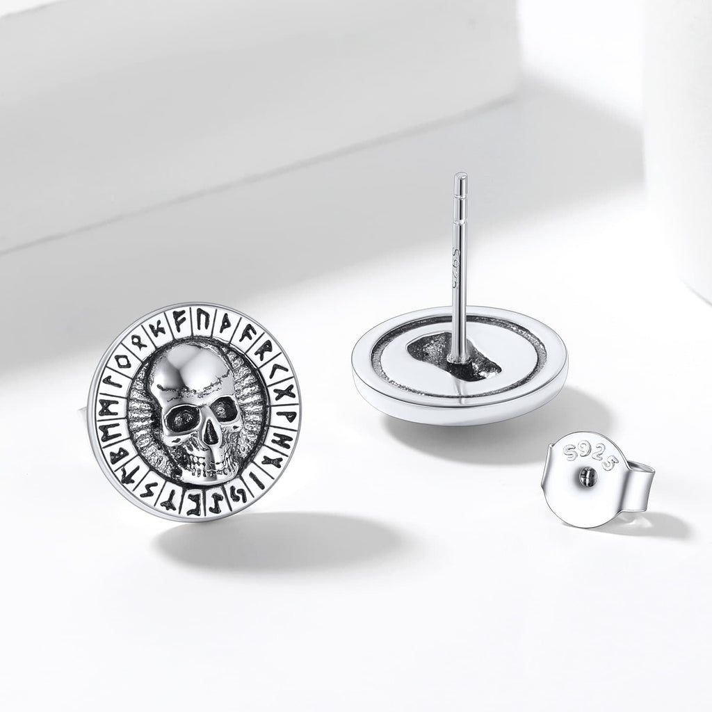 Sterling Silver Runes Skull Earrings Studs For Men