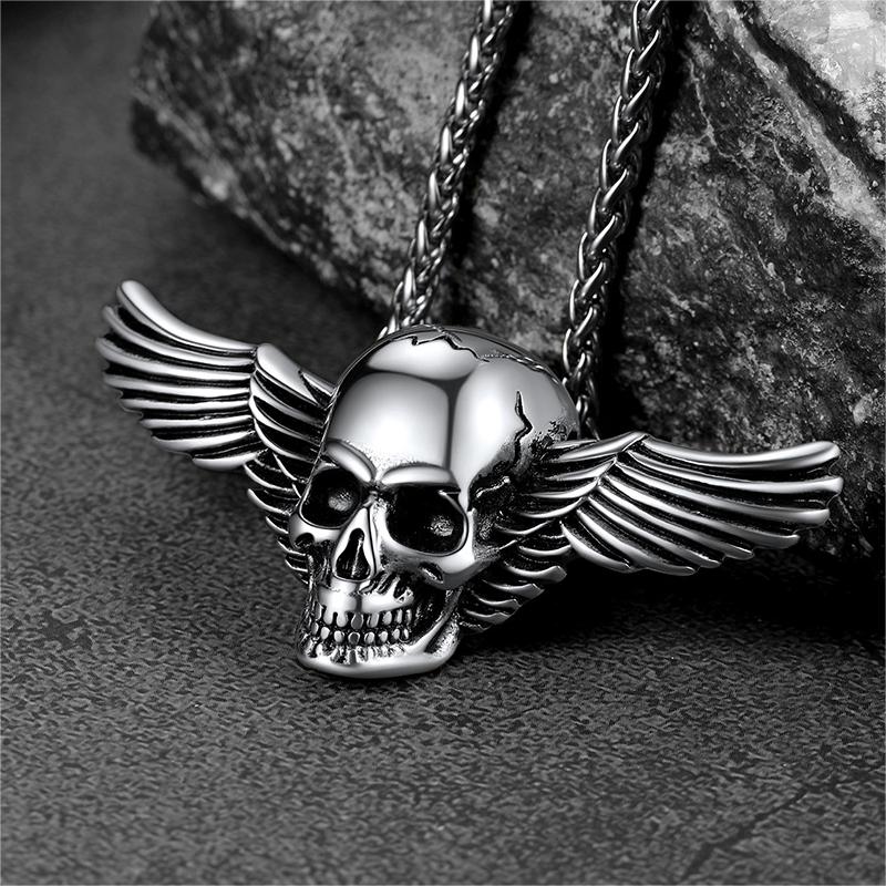 Gothic Skull Necklace With Wing For Men