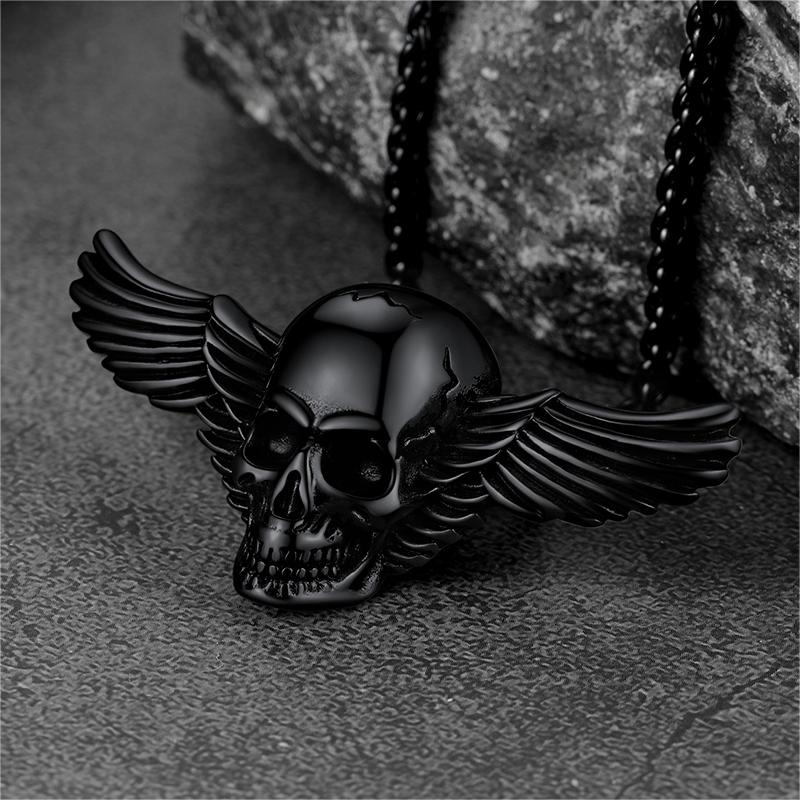 Gothic Skull Necklace With Wing For Men