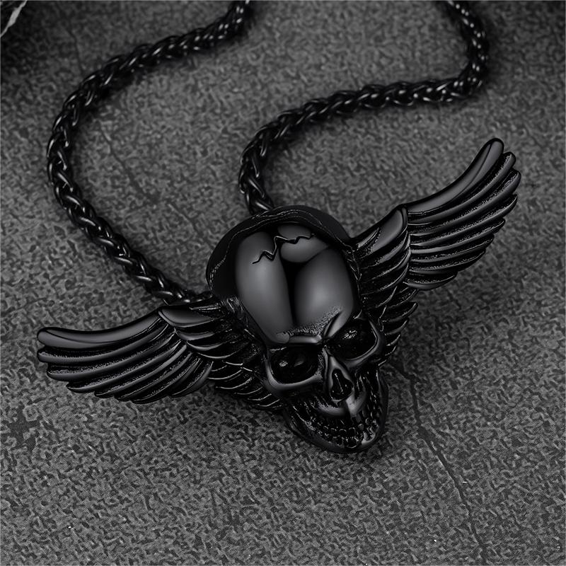 Gothic Skull Necklace With Wing For Men