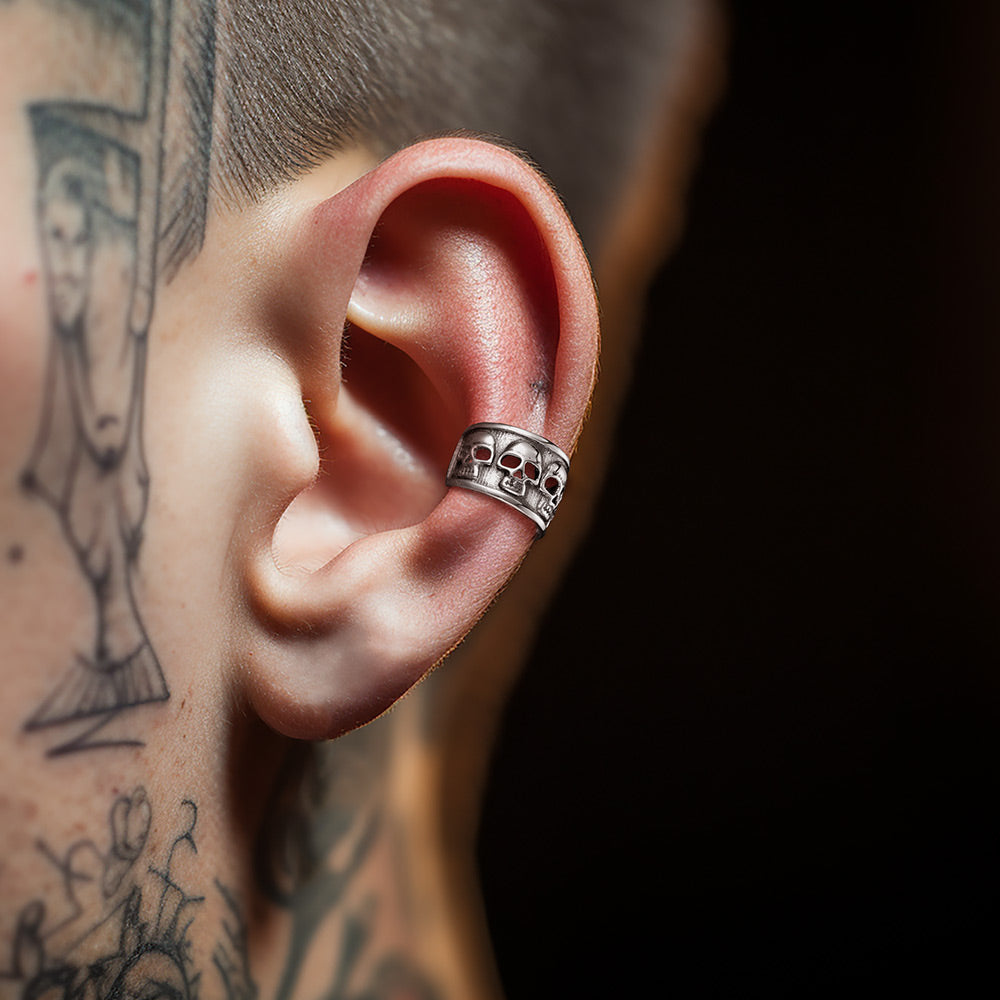 Sterling Silver Skull Ear Cuff Earrings Non-piercing for Men