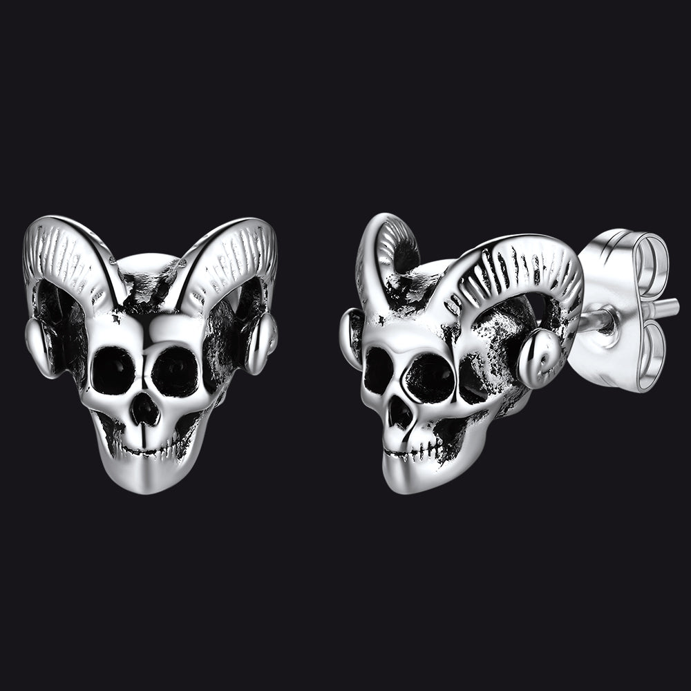 Flash Sale Satanic Baphomet Goat Skull Head Stud Earrings For Men