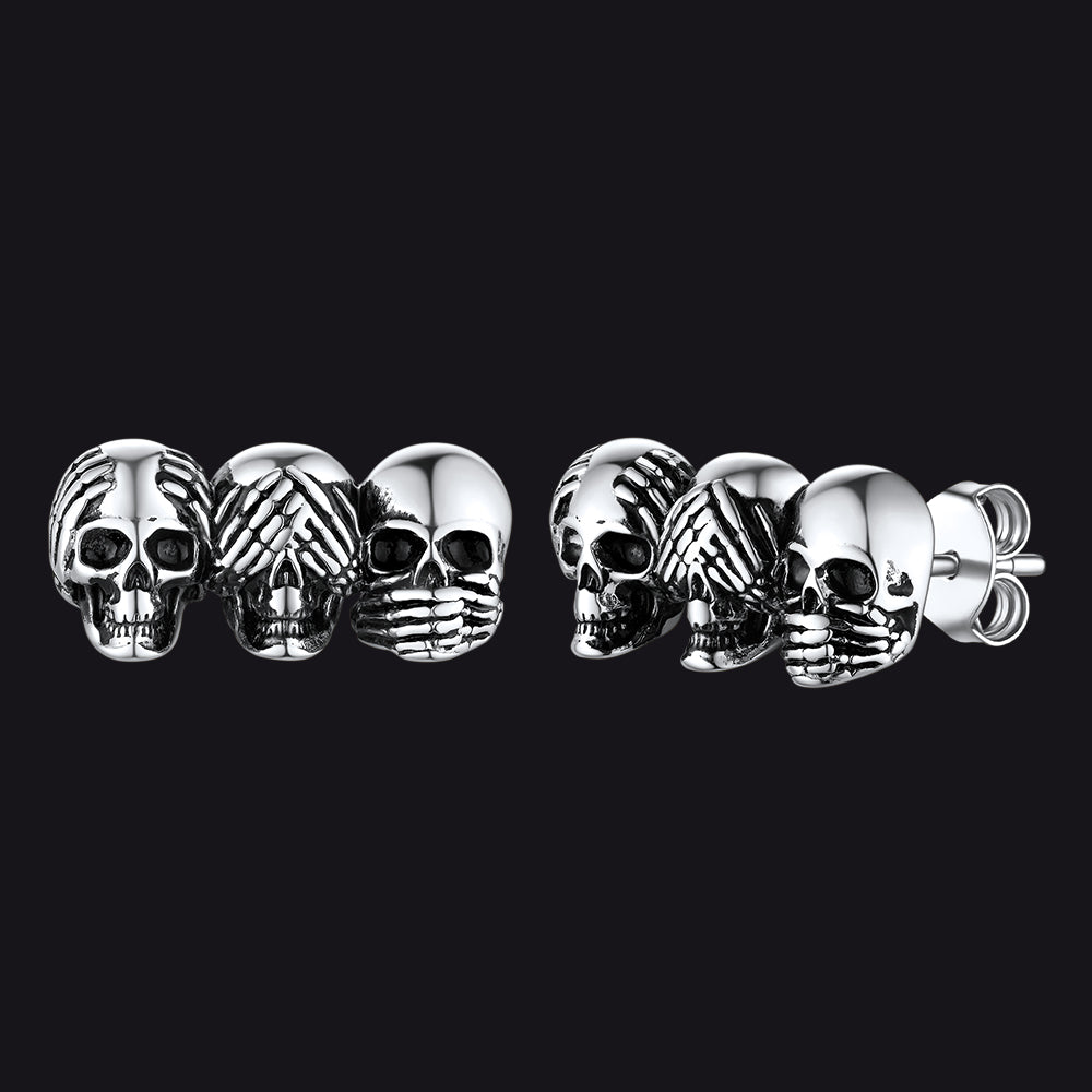 See No Evil, Hear No Evil, Speak No Evil Skulls Stud Earrings