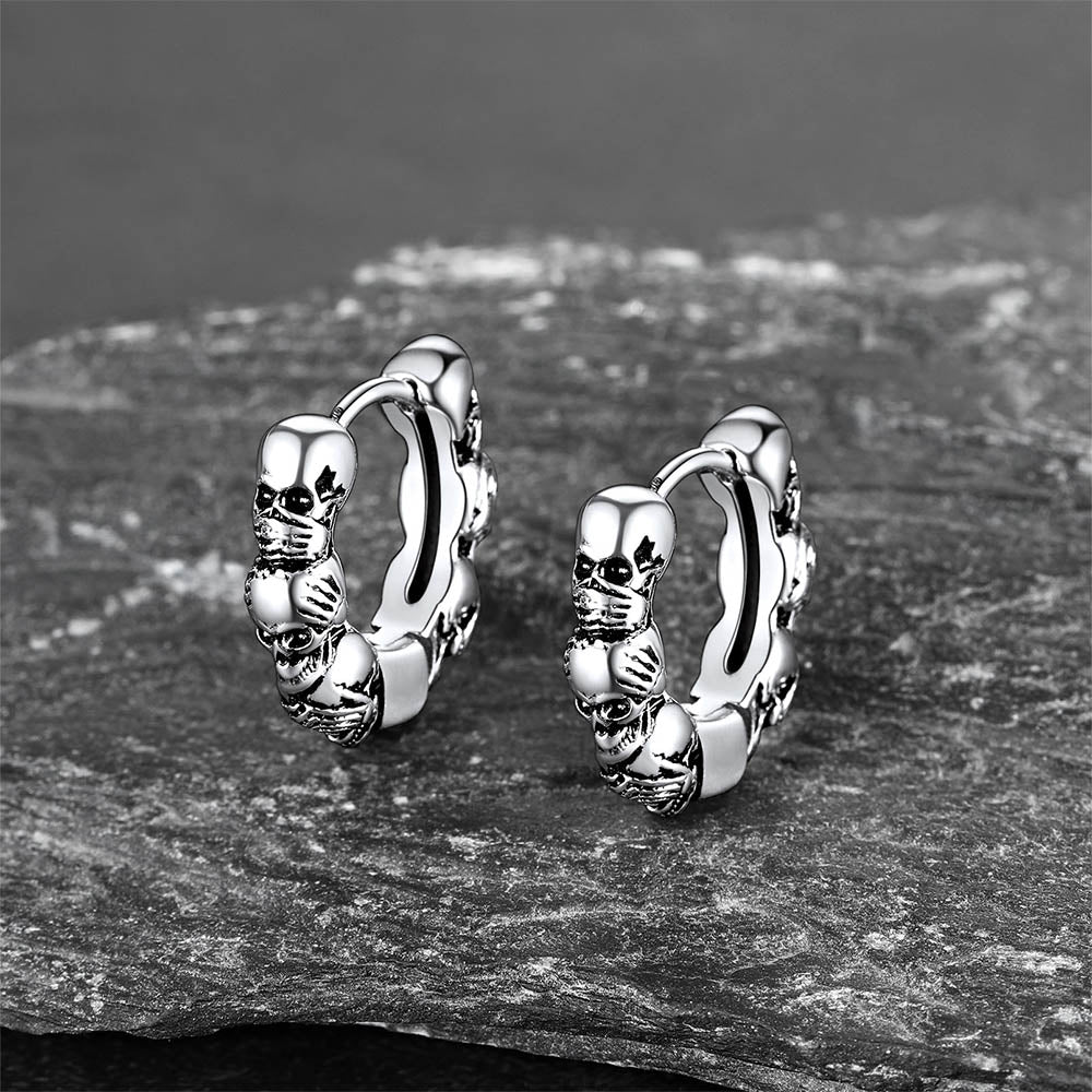 Sterling Silver Skulls Hoop Huugie Earrings For Men
