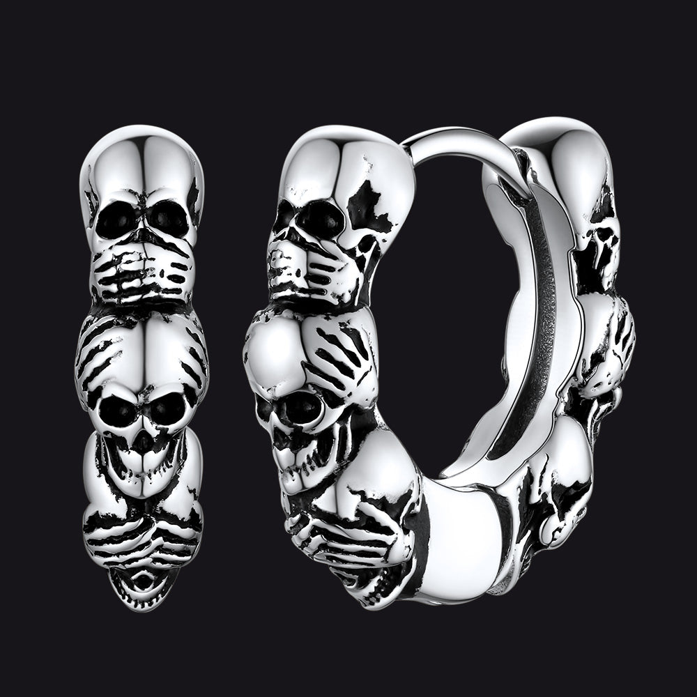 Sterling Silver Skulls Hoop Huugie Earrings For Men