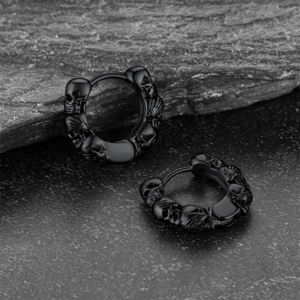 Sterling Silver Skulls Hoop Huugie Earrings For Men