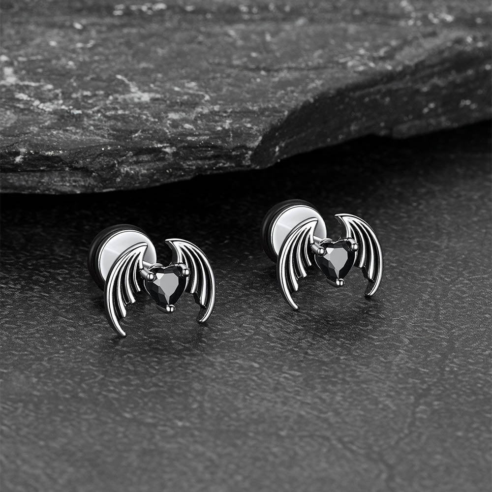 Black CZ Heart Devil Wings Stud Earrings in Stainless Steel