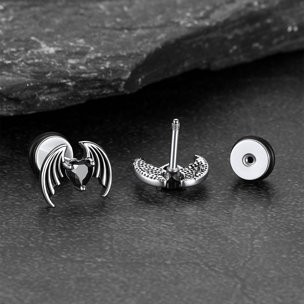 Black CZ Heart Devil Wings Stud Earrings in Stainless Steel