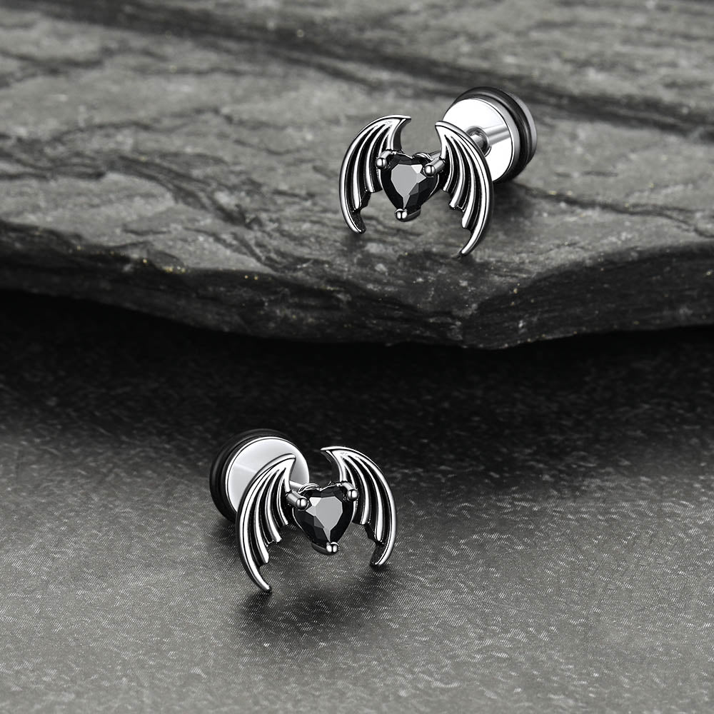 Black CZ Heart Devil Wings Stud Earrings in Stainless Steel